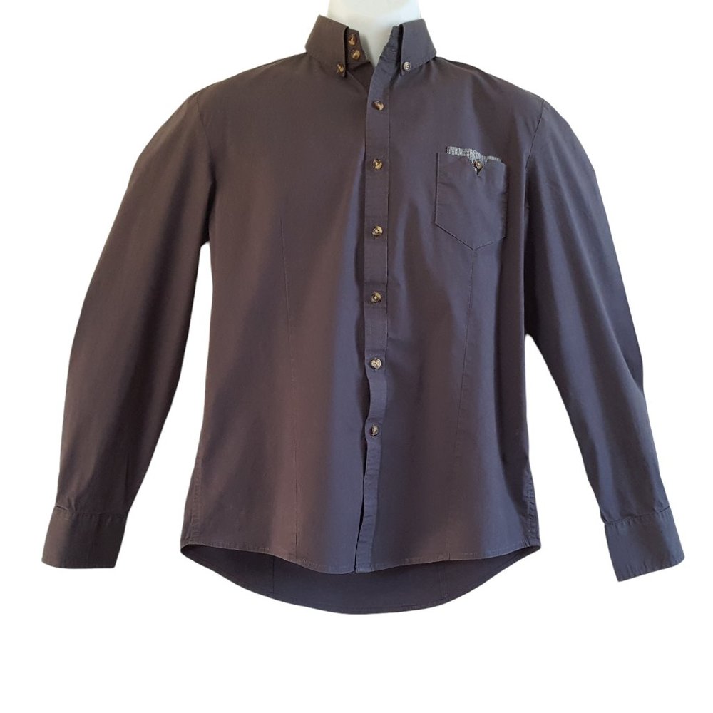 TOMSWARE Men's Small Fitted Shirt Gray Button Down Pocket Long Sleeve Cotton